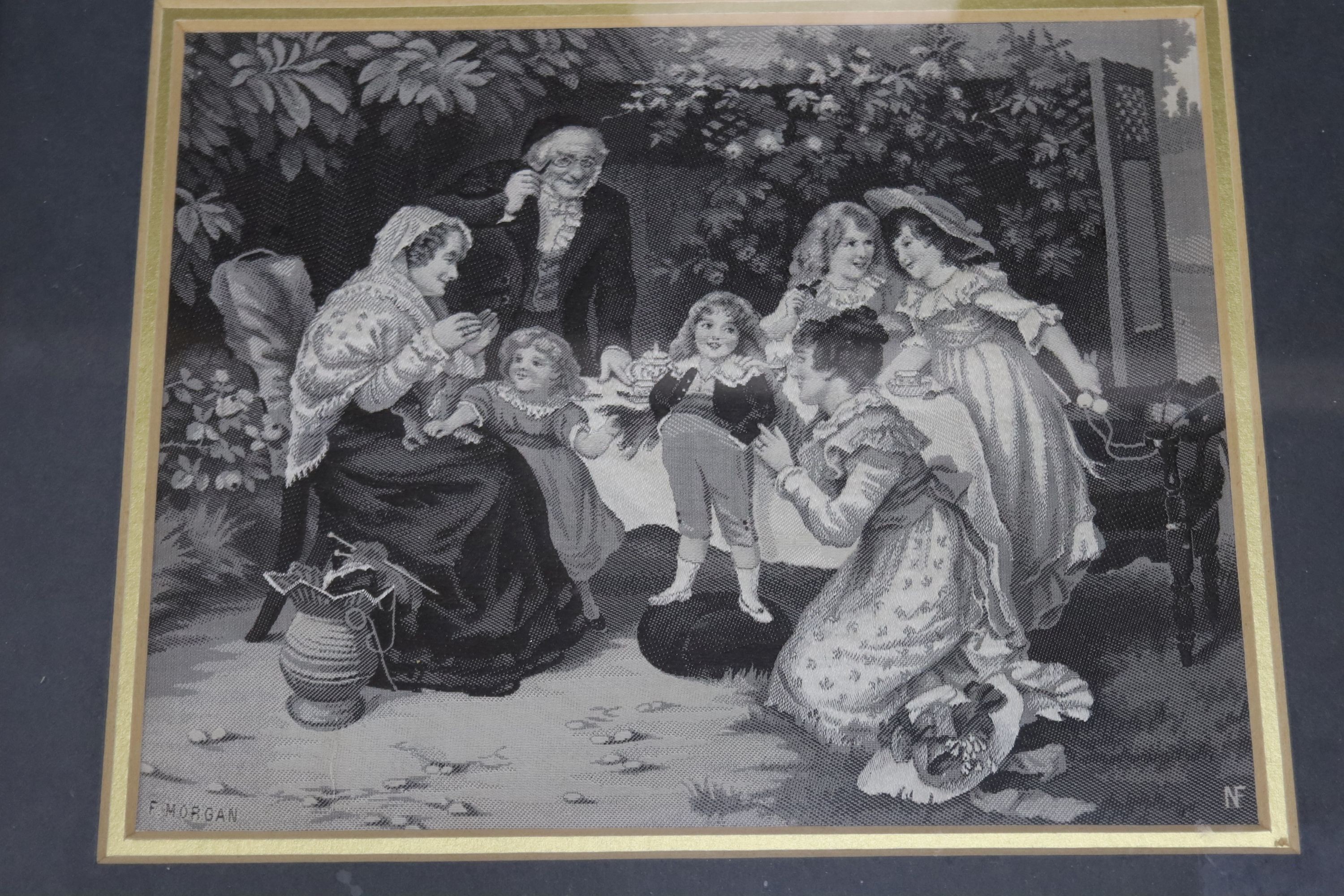Frederick Morgan, pair of machine woven silk panels by Neyret Freres, France, depicting children in gardens, 15 x 19cm